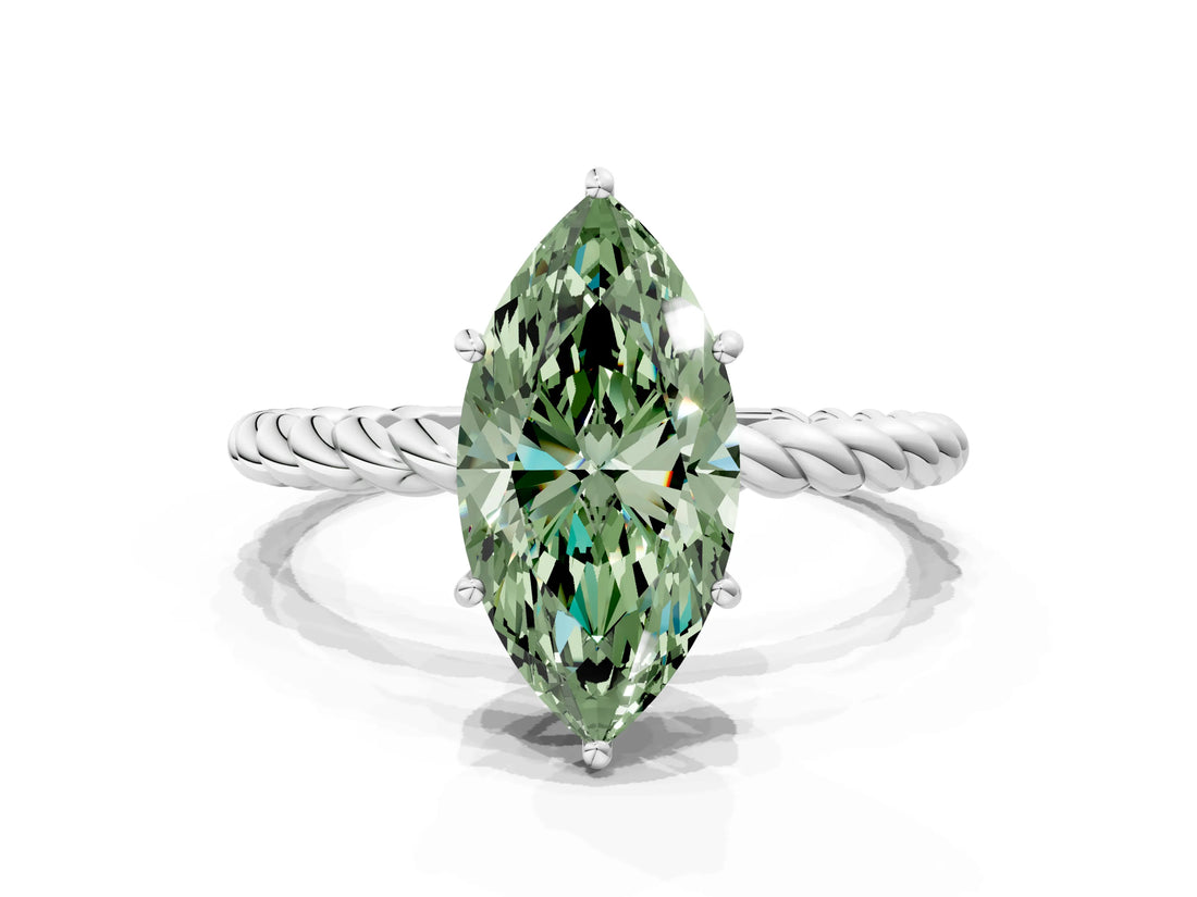 White gold Fancy Green Marquise  Solitaire Twist Band Ring with Four-Prong Setting_15