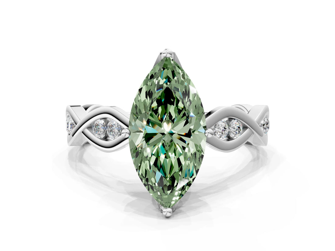 White gold Fancy Green Marquise  Solitaire Twist Band with Leaf Prong Setting