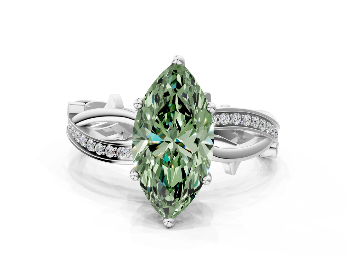 White gold Fancy Green Marquise  Solitaire Twist Band with Pavé Accents and Four-Prong Setting_51