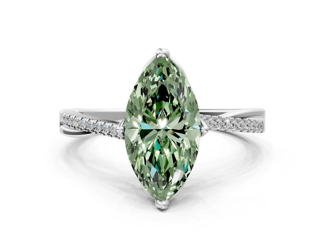 White gold Fancy Green Marquise  Solitaire Twist Band with Pavé Diamonds and Four-Prong Setting_81