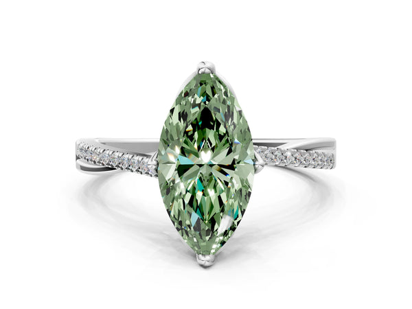 White gold Fancy Green Marquise  Solitaire Twist Band with Pavé Diamonds and Four-Prong Setting
