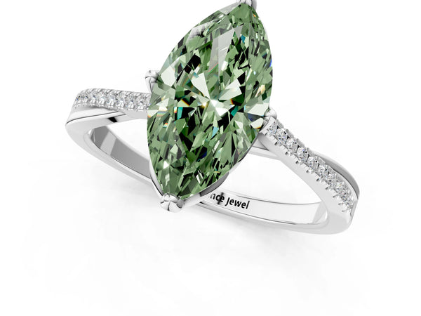 White gold Fancy Green Marquise  Solitaire Twist Band with Pavé Diamonds and Four-Prong Setting