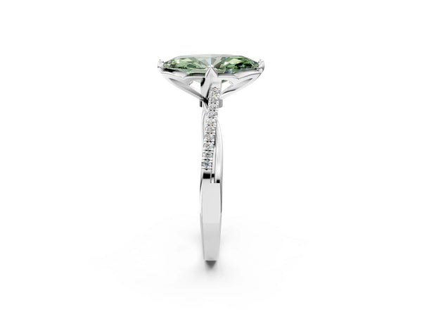 White gold Fancy Green Marquise  Solitaire Twist Band with Pavé Diamonds and Four-Prong Setting
