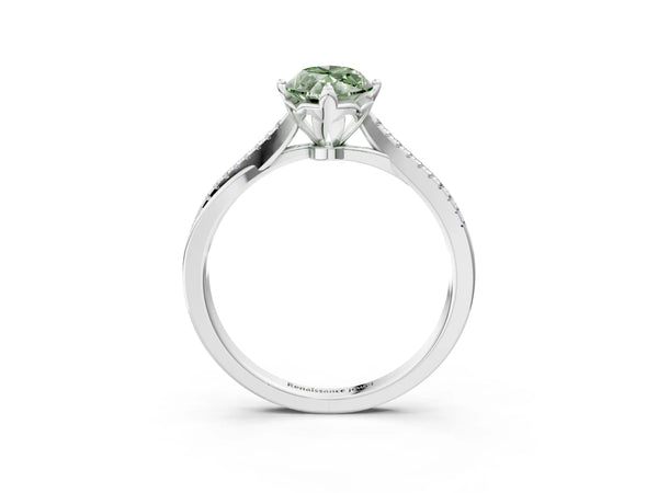 White gold Fancy Green Marquise  Solitaire Twist Band with Pavé Diamonds and Four-Prong Setting