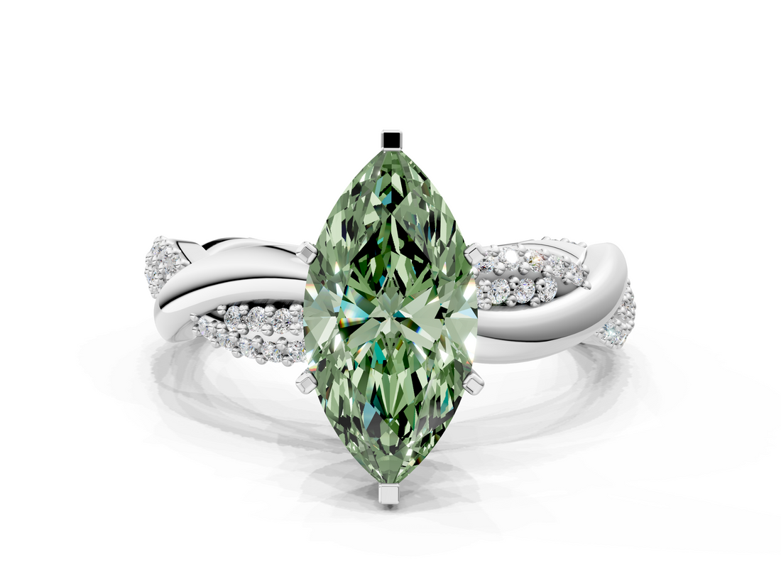 White gold Fancy Green Marquise  Solitaire Twist Band with Pave Prong Setting_58