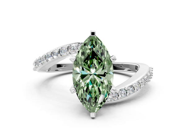 Platinum Fancy Green Marquise  Solitaire Twist Band with Pave Set Diamonds and Four-Prong Setting