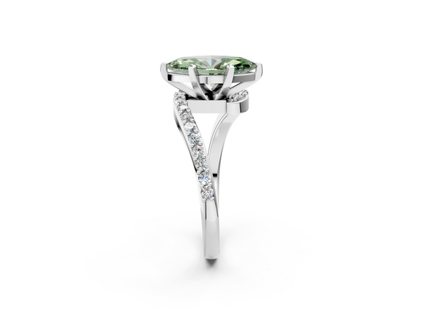 Platinum Fancy Green Marquise  Solitaire Twist Band with Pave Set Diamonds and Four-Prong Setting