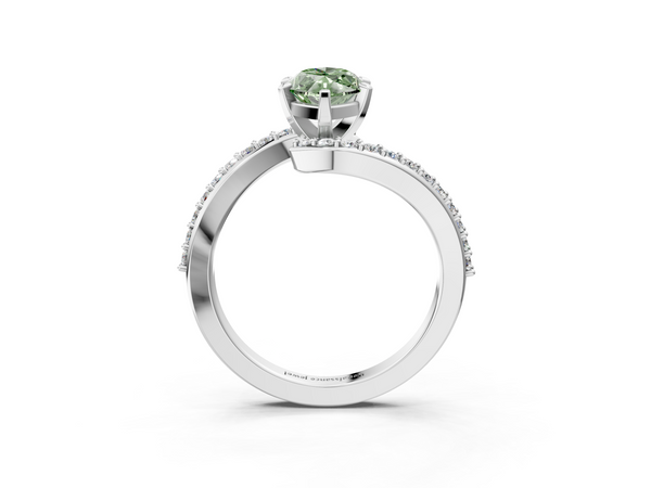 Platinum Fancy Green Marquise  Solitaire Twist Band with Pave Set Diamonds and Four-Prong Setting