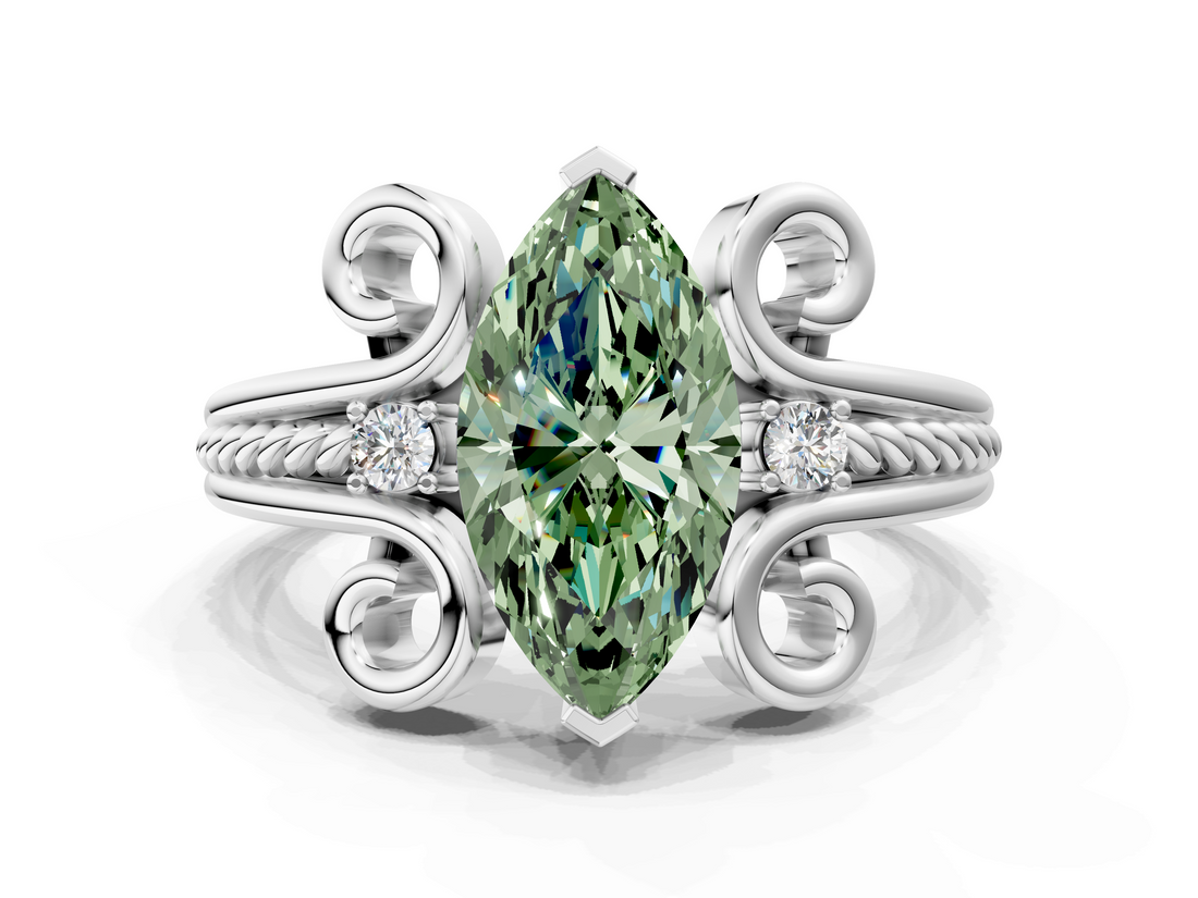 White gold Fancy Green Marquise  Solitaire Twisted Band Scroll Prong Ring_3