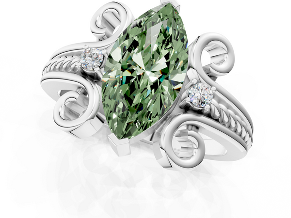 Platinum Fancy Green Marquise  Solitaire Twisted Band Scroll Prong Ring