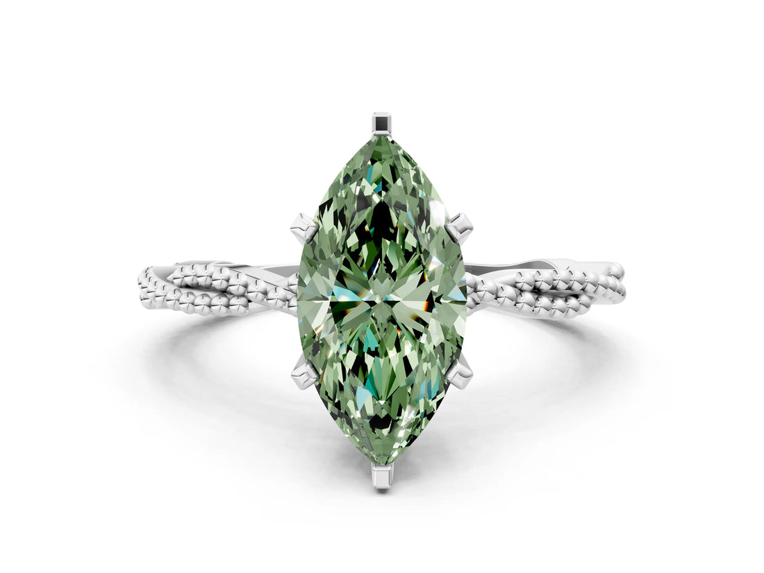 White gold Fancy Green Marquise  Solitaire Twisted Band with Bead Prong Setting_332