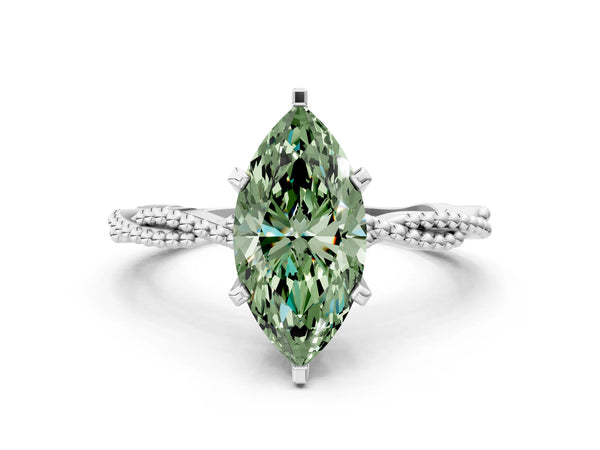 White gold Fancy Green Marquise  Solitaire Twisted Band with Bead Prong Setting