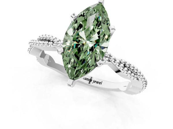 White gold Fancy Green Marquise  Solitaire Twisted Band with Bead Prong Setting
