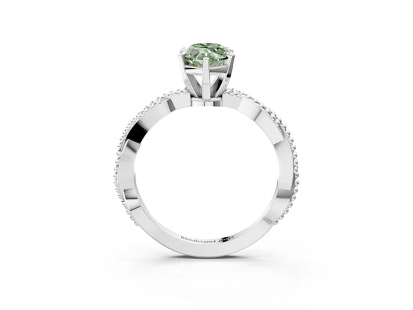 White gold Fancy Green Marquise  Solitaire Twisted Band with Bead Prong Setting