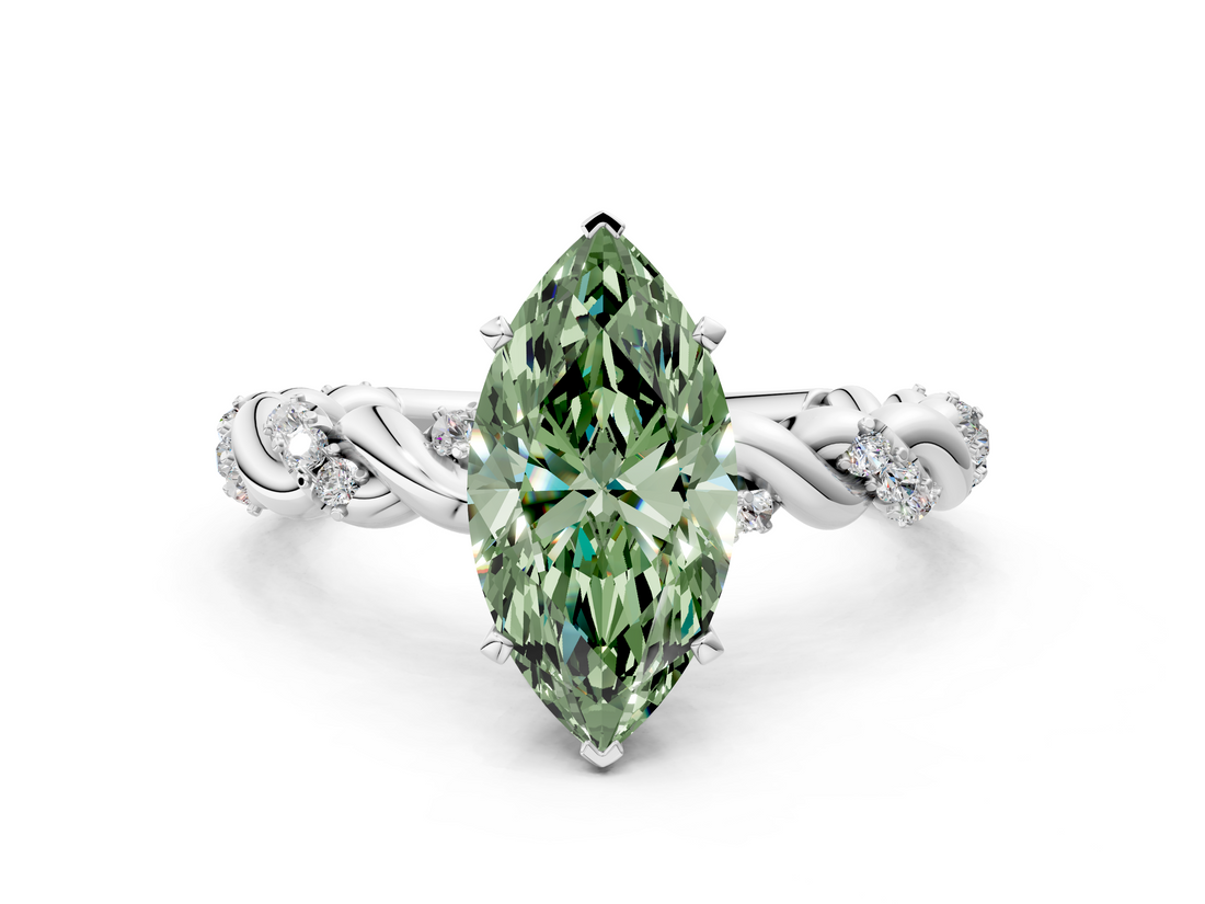 White gold Fancy Green Marquise  Solitaire Twisted Band with Pavé Accents and Four-Prong Setting_20
