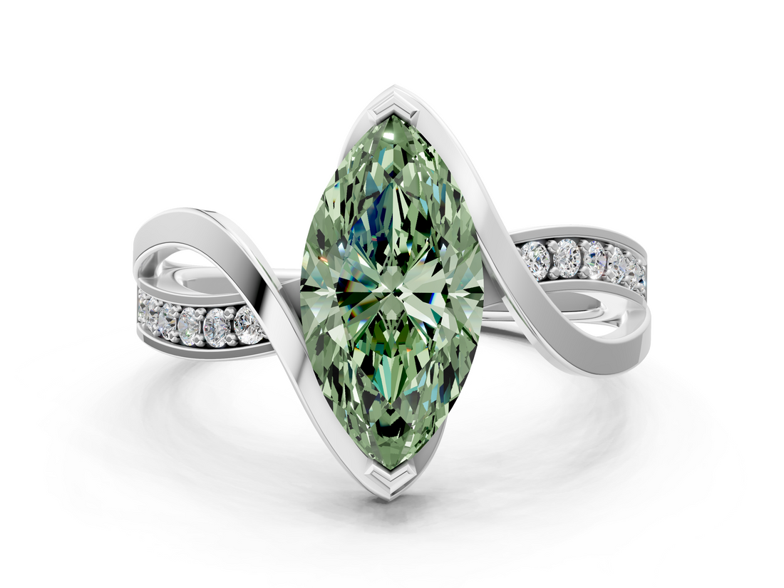 White gold Fancy Green Marquise  Solitaire Twisted Band with Prong Setting_3