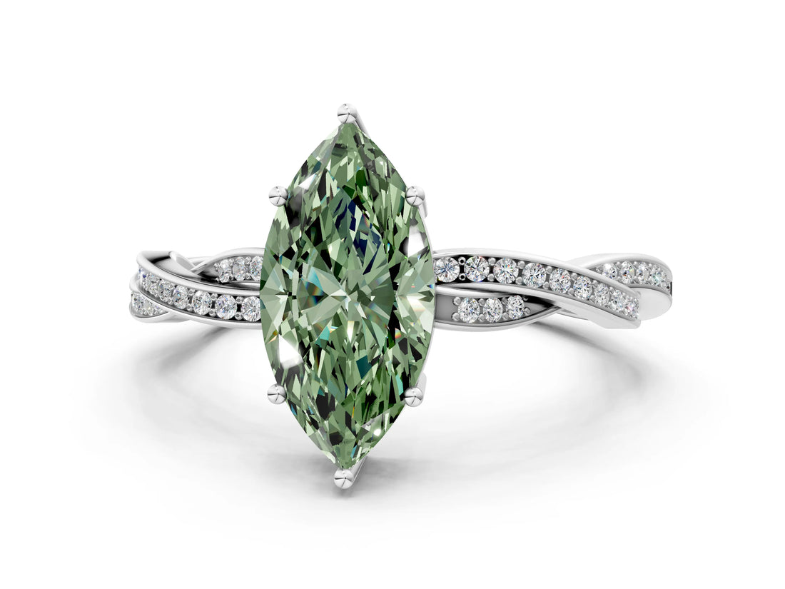 White gold Fancy Green Marquise  Solitaire Twisted Pave Diamond Ring with Four-Prong Setting_12