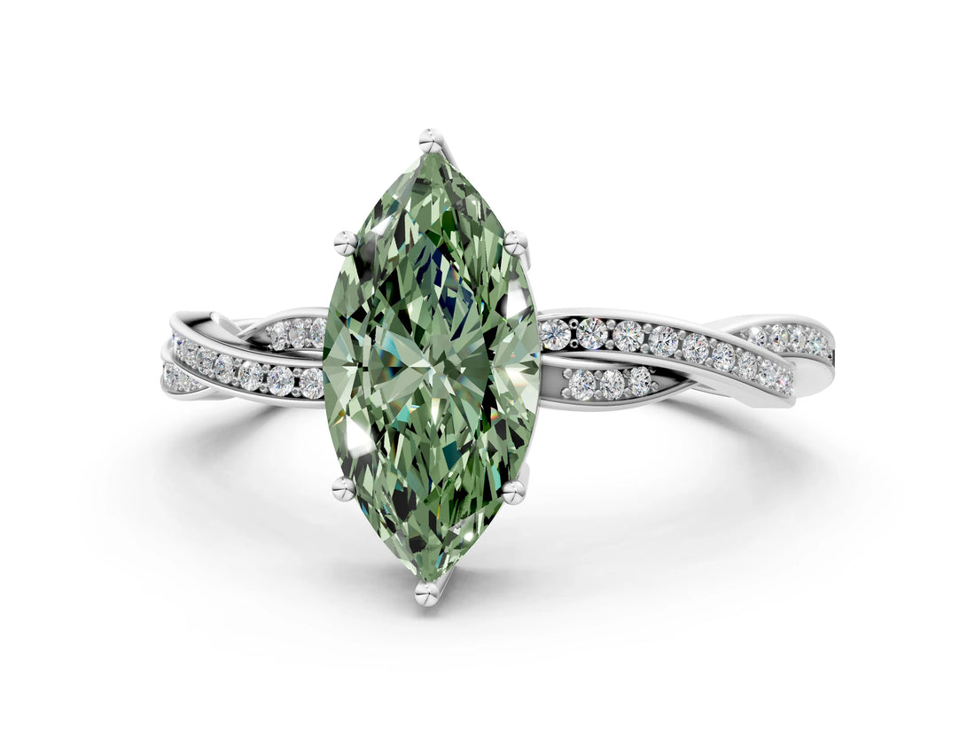 White gold Fancy Green Marquise  Solitaire Twisted Pave Diamond Ring with Four-Prong Setting_12
