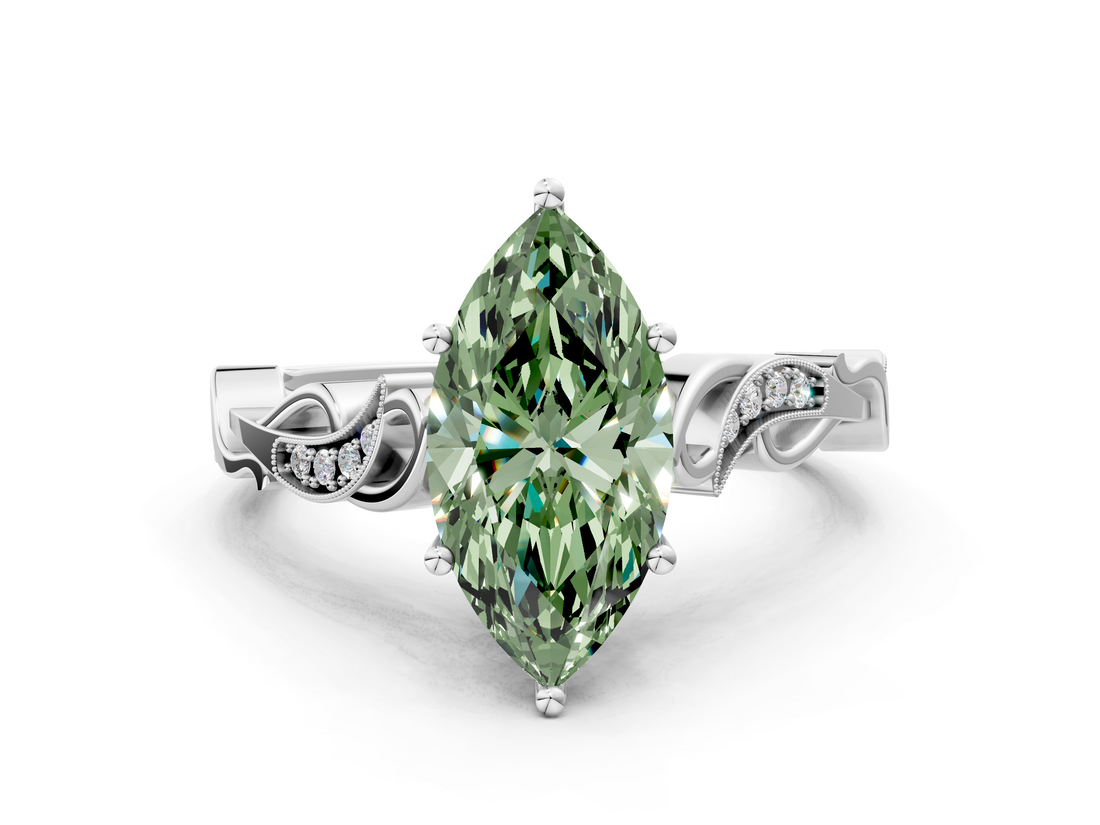 White gold Fancy Green Marquise  Solitaire Vine Band with Milgrain Prong Setting_3