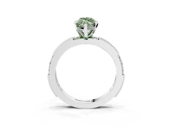 White gold Fancy Green Marquise  Solitaire with Pavé Band and Four-Prong Setting