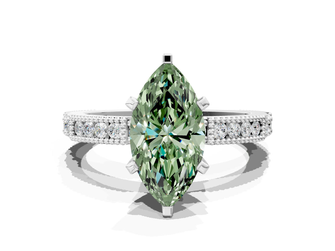 White gold Fancy Green Marquise  Solitaire with Pavé Band and Four-Prong Setting_357