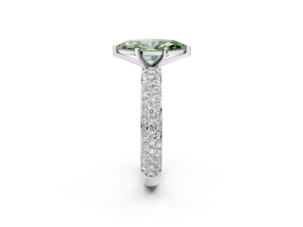 White gold Fancy Green Marquise  Diamond Solitaire Ring with Prong Setting and Pavé Band