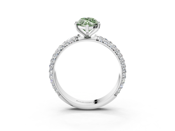White gold Fancy Green Marquise  Diamond Solitaire Ring with Prong Setting and Pavé Band