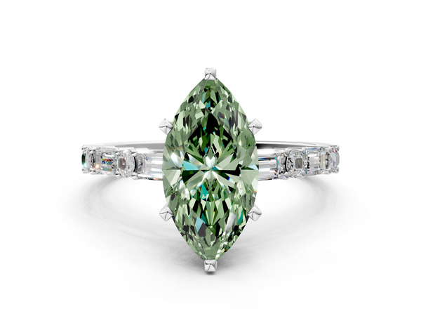 Platinum Fancy Green Marquise Cut Diamond Solitaire with Side Baguettes and Channel Set Band