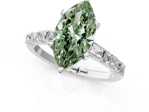 Platinum Fancy Green Marquise Cut Diamond Solitaire with Side Baguettes and Channel Set Band
