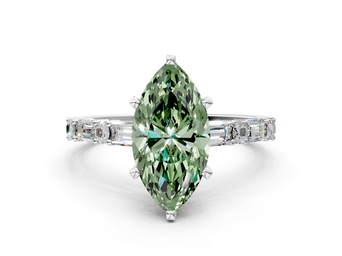 White gold Fancy Green Marquise  Solitaire with Side Baguettes and Channel Set Band_37