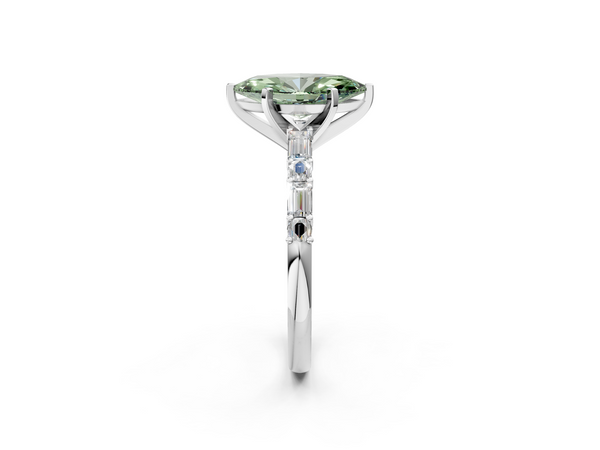 Platinum Fancy Green Marquise Cut Diamond Solitaire with Side Baguettes and Channel Set Band