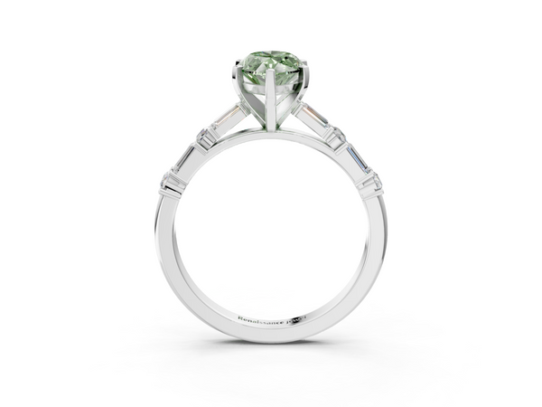 Platinum Fancy Green Marquise Cut Diamond Solitaire with Side Baguettes and Channel Set Band