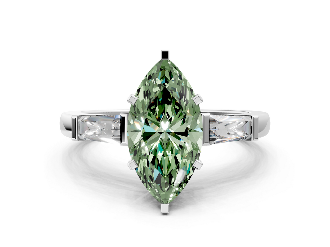 White gold Fancy Green Marquise  Solitaire with Tapered Baguette Side Stones on a Classic Band with Four-Prong Setting_58