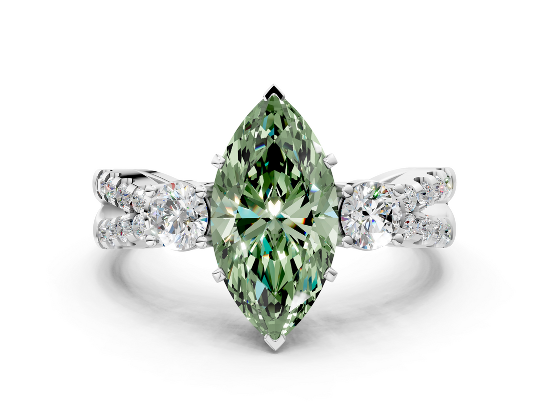 White gold Fancy Green Marquise  Three-Stone Diamond Ring with Pavé Split Shank and Four-Prong Setting_79