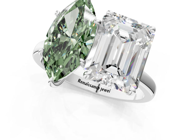 Platinum Fancy Green Marquise  and Emerald Cut Toi Moi Ring with Prong Setting