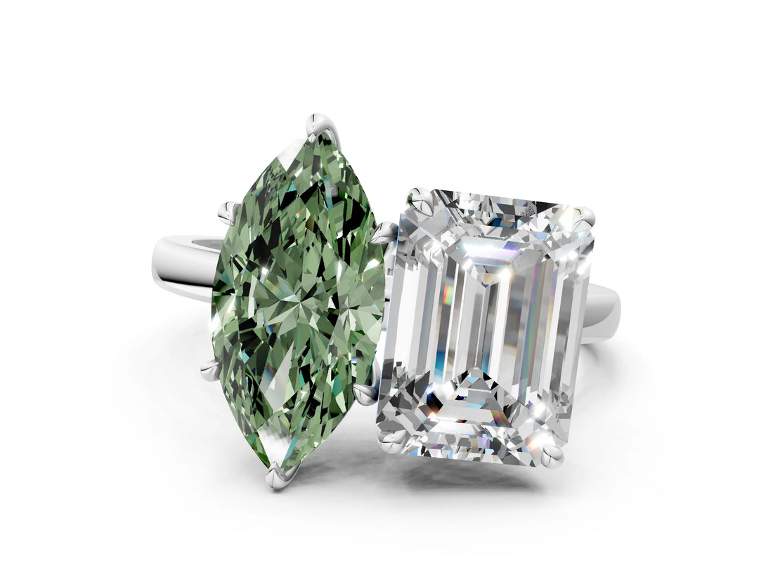 White gold Fancy Green Marquise  and Emerald Cut Toi Moi Ring with Prong Setting_97