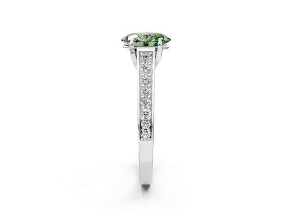 Platinum Fancy Green Oval  Brilliant Cut Diamond Engagement Ring with Pavé Band and Four-Prong Setting