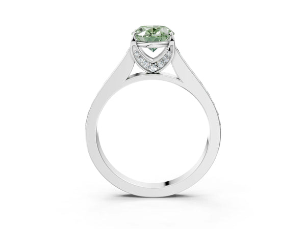 Platinum Fancy Green Oval  Brilliant Cut Diamond Engagement Ring with Pavé Band and Four-Prong Setting