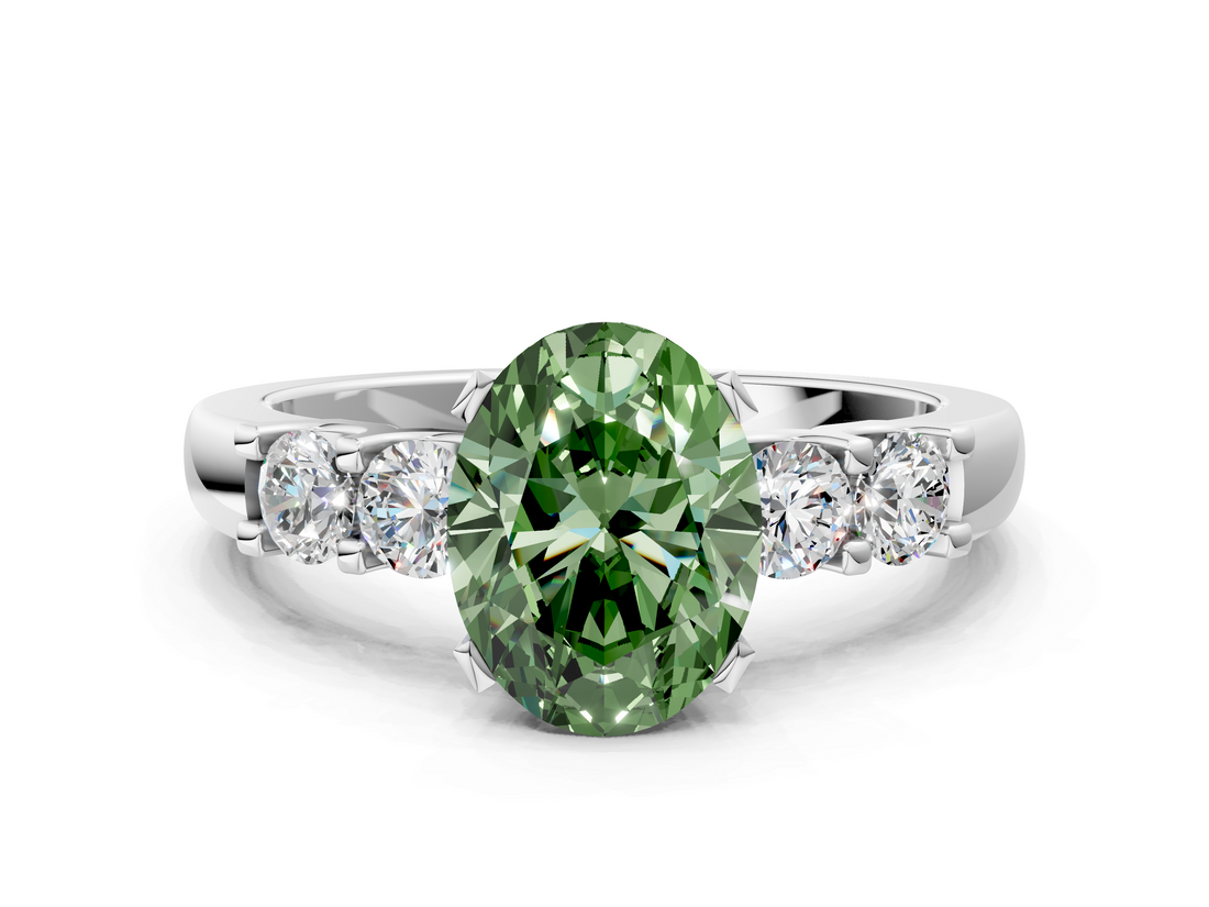White gold Fancy Green Oval  Brilliant Cut Diamond Five-Stone Prong Set Engagement Ring with Channel Band_3