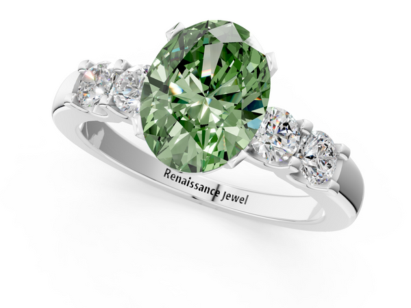 White gold Fancy Green Oval  Brilliant Cut Diamond Five-Stone Prong Set Engagement Ring with Channel Band