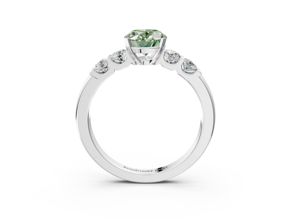 White gold Fancy Green Oval  Brilliant Cut Diamond Five-Stone Prong Set Engagement Ring with Channel Band