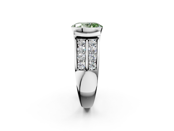 White gold Fancy Green Oval  Brilliant Diamond Channel Set Wide Band Ring with Bezel Setting