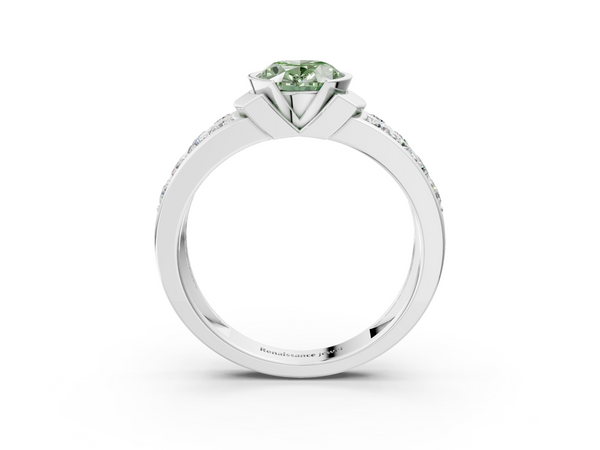 White gold Fancy Green Oval  Brilliant Diamond Channel Set Wide Band Ring with Bezel Setting