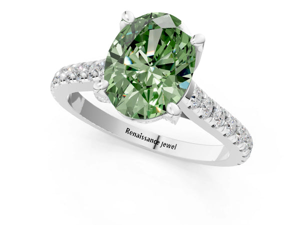 White gold Fancy Green Oval  Brilliant Diamond Solitaire with Pavé Band and Four-Prong Setting
