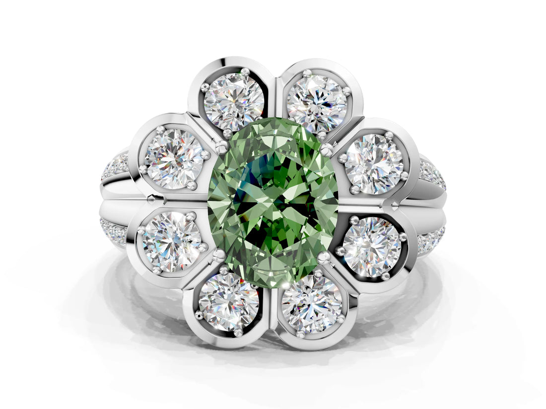 White gold Fancy Green Oval  Brilliant Flower Halo Diamond Split Shank Ring_26