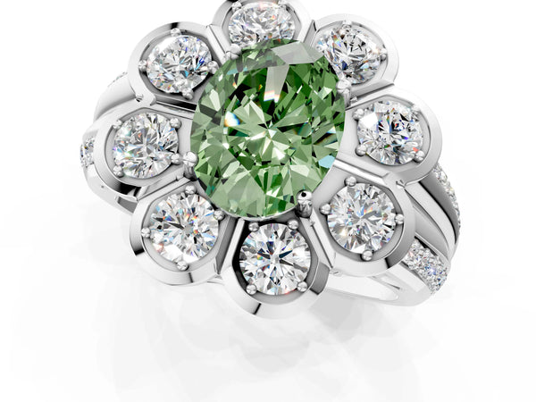 White gold Fancy Green Oval  Brilliant Flower Halo Diamond Split Shank Ring