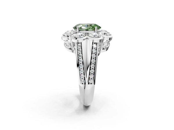 White gold Fancy Green Oval  Brilliant Flower Halo Diamond Split Shank Ring