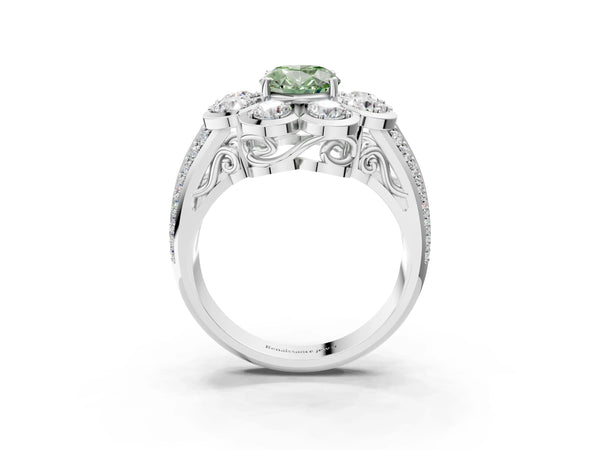 White gold Fancy Green Oval  Brilliant Flower Halo Diamond Split Shank Ring