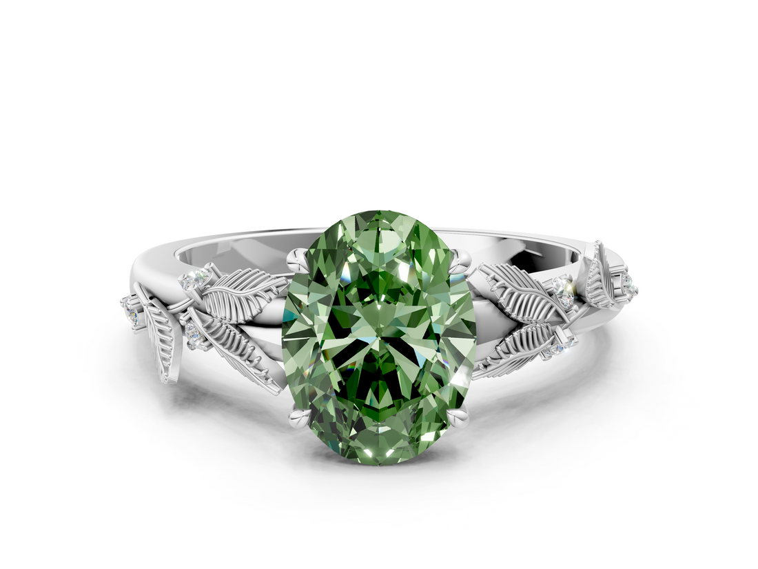 White gold Fancy Green Oval  Brilliant Solitaire with Leaf Motif Band and Four-Prong Setting_62