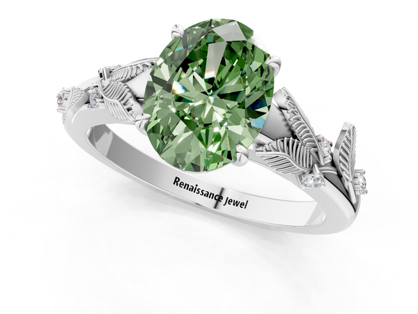White gold Fancy Green Oval Cut Diamond Solitaire Ring with Leaf Motif Band and Four-Prong Setting